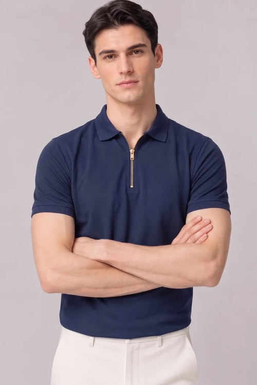 Navy Blue Zipper Polo T-shirt - Matty Lycra