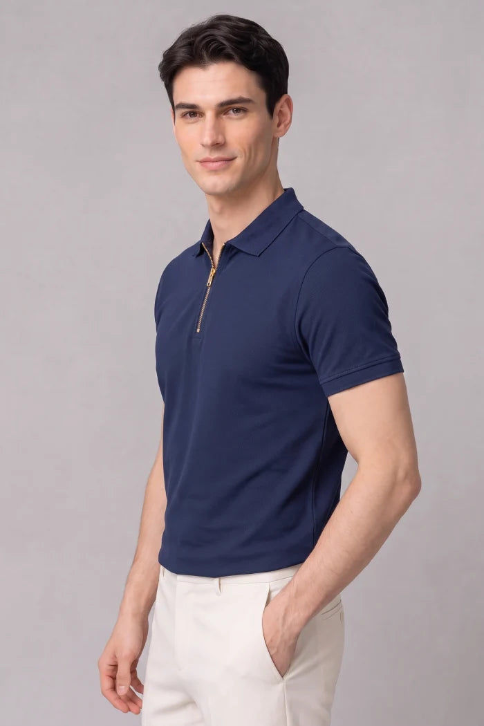 Navy Blue Zipper Polo T-shirt - Matty Lycra