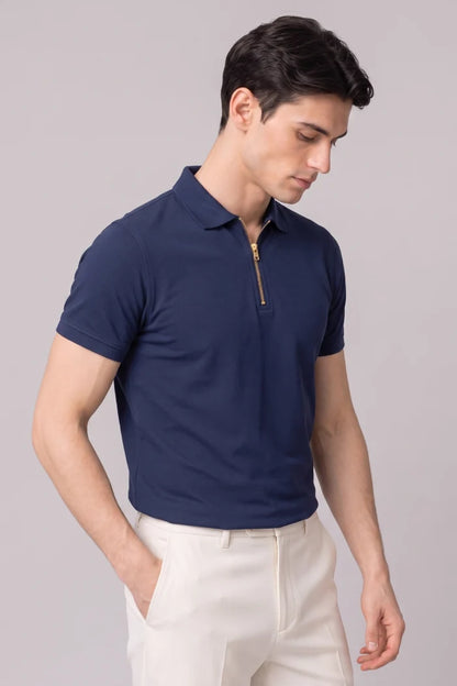 Navy Blue Zipper Polo T-shirt - Matty Lycra