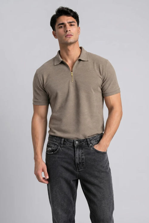 Brown Zipper Polo T-shirt for Men